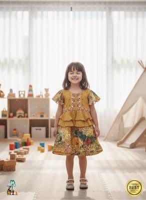 Baby Girl Eid Dress - Green & Gold Embroidered Frock - Palli পল্লী_img_1