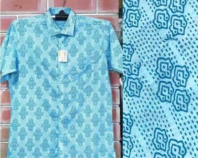 Light Blue Printed Cotton Men Half Shirt | Palli_img_0