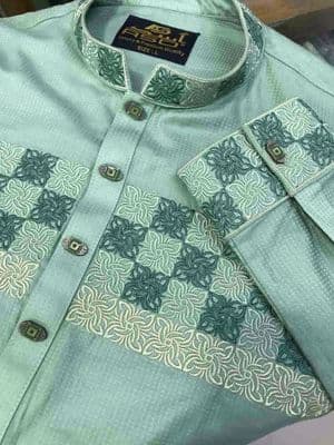 Cotton Embroidery Panjabi Green Cotton Fabric_img_3