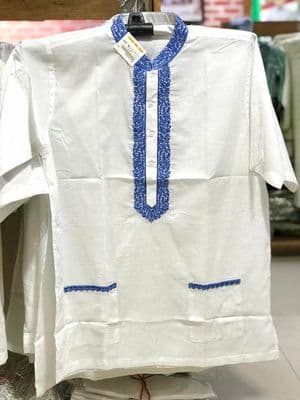 Blue Embroidery White Cotton Men Fotua_img_1