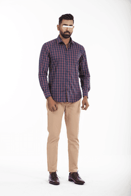 Slim Fit Navy & Red Plaid Cotton Men Casual Full Shirt | Palli_img_2