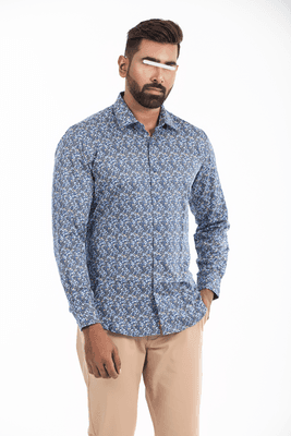 Men Casual Full Shirt Stylish Slim Fit Navy Printed Cotton | Palli_img_0