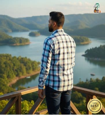 Men Casual Full Shirt Fresh & Modern: Slim Fit Light Blue Check Cotton_img_0