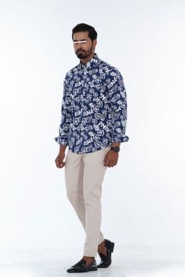 Men Casual Full Shirt Navy Blue & White Floral Print Slim-Fi | 100% Cotton| Long Sleeve | Palli_img_2
