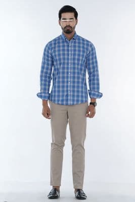 Men Casual Full Shirt Slim Fit Blue Checkered Cotton Shirt – Button-Down Style | Palli_img_3