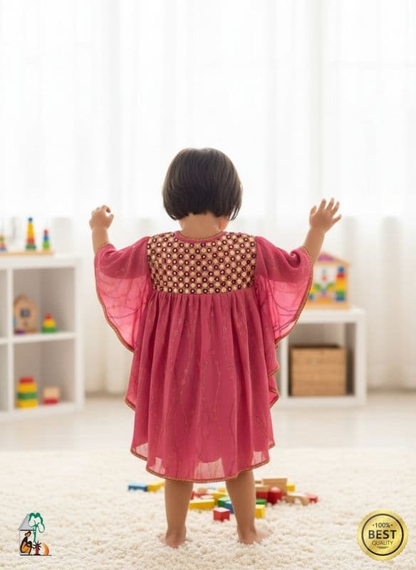 Baby Girl Eid Dress - Green & Gold Embroidered Frock - Palli পল্লী