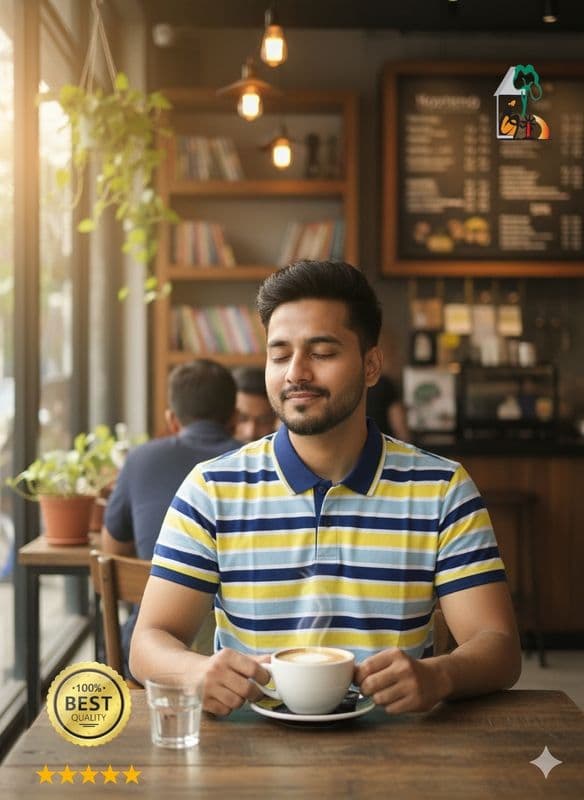 Men's Yellow & Blue Stripe Polo T-Shirt | 100% Cotton Slim Fit | Summer Casual & Formal Wear | Palli