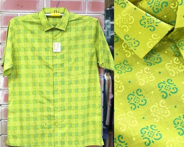 Bright Green Printed Cotton Men Half Shirt | Palli
