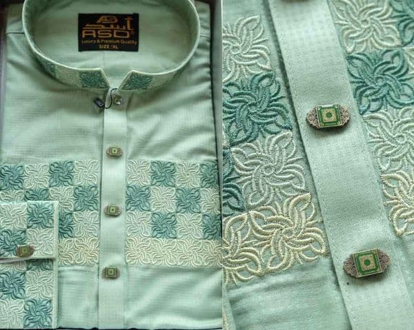 Cotton Embroidery Panjabi Green Cotton Fabric