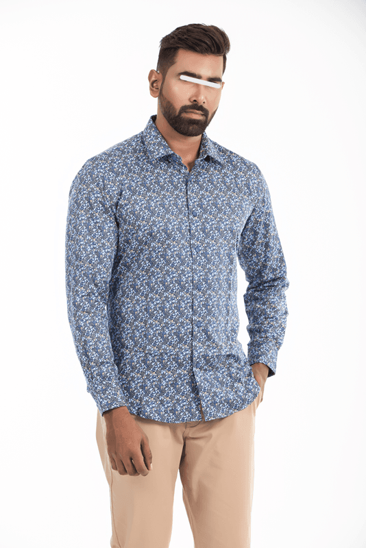Men Casual Full Shirt Stylish Slim Fit Navy Printed Cotton | Palli