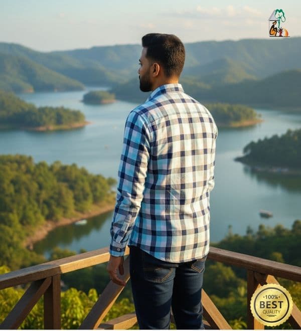 Men Casual Full Shirt Fresh & Modern: Slim Fit Light Blue Check Cotton