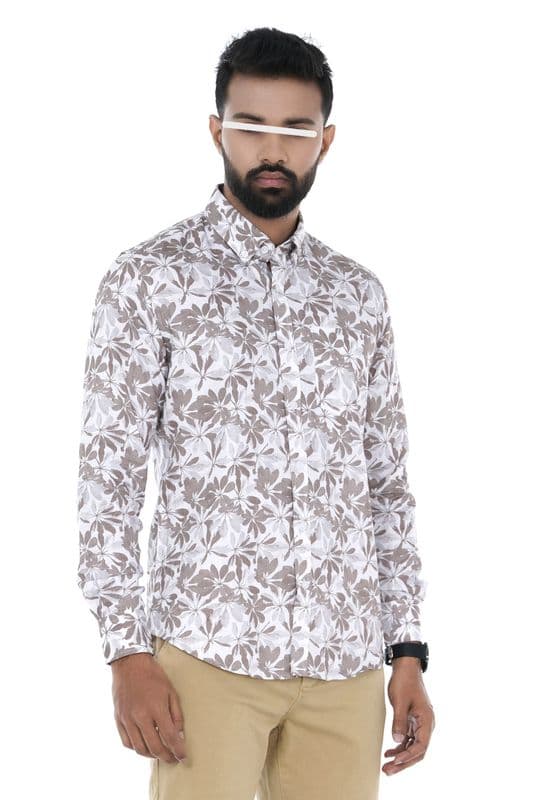 Men Casual Full Shirt Beige & Light Grey Floral Print Cotton Shirt | Slim-Fit | Long Sleeve | Palli