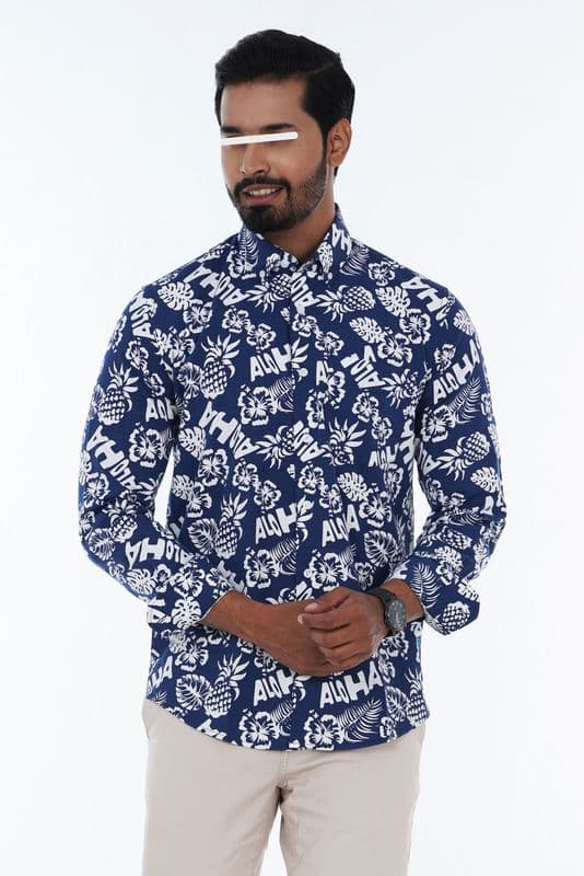 Men Casual Full Shirt Navy Blue & White Floral Print Slim-Fi | 100% Cotton| Long Sleeve | Palli