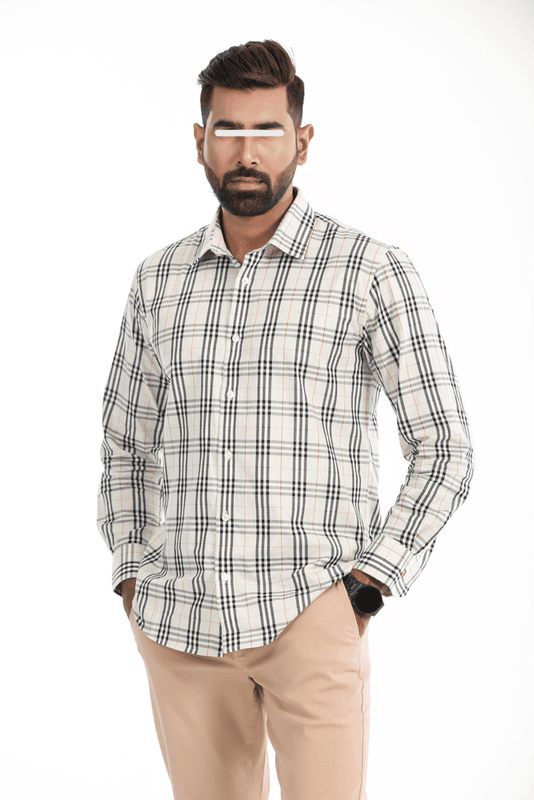 Effortless Style: Slim Fit White & Black Plaid Cotton Men Casual Full Shirt | Palli