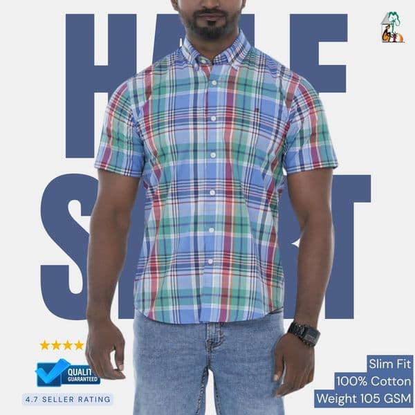 Men’s Slim Fit Half Sleeve Cotton Shirt – Lightweight 105 GSM, Checked Pattern