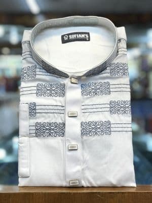 Cotton Embroidery Men Panjabi | White - Blue_img_5